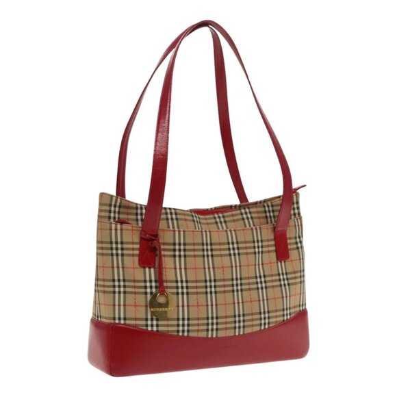 BURBERRY Nova Check Tote Bag Canvas Red Beige Auth mr598 - Picture 1 of 15